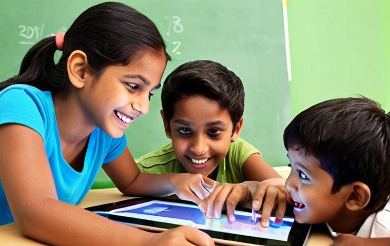 Interactive Learning & Creativity**
"A group of diverse, happy children (around 5-8 years old, potentially with South Asian features) are actively engaged with a vibrant, interactive digital learning platform, possibly on a tablet or large screen. They are pointing, discussing, and smiling, demonstrating deep concentration and excitement as they solve problems and make choices within an animated story. The setting is bright and imaginative, symbolizing a 'new journey' in digital education that fosters creativity, critical thinking, and a sense of active participation."
**